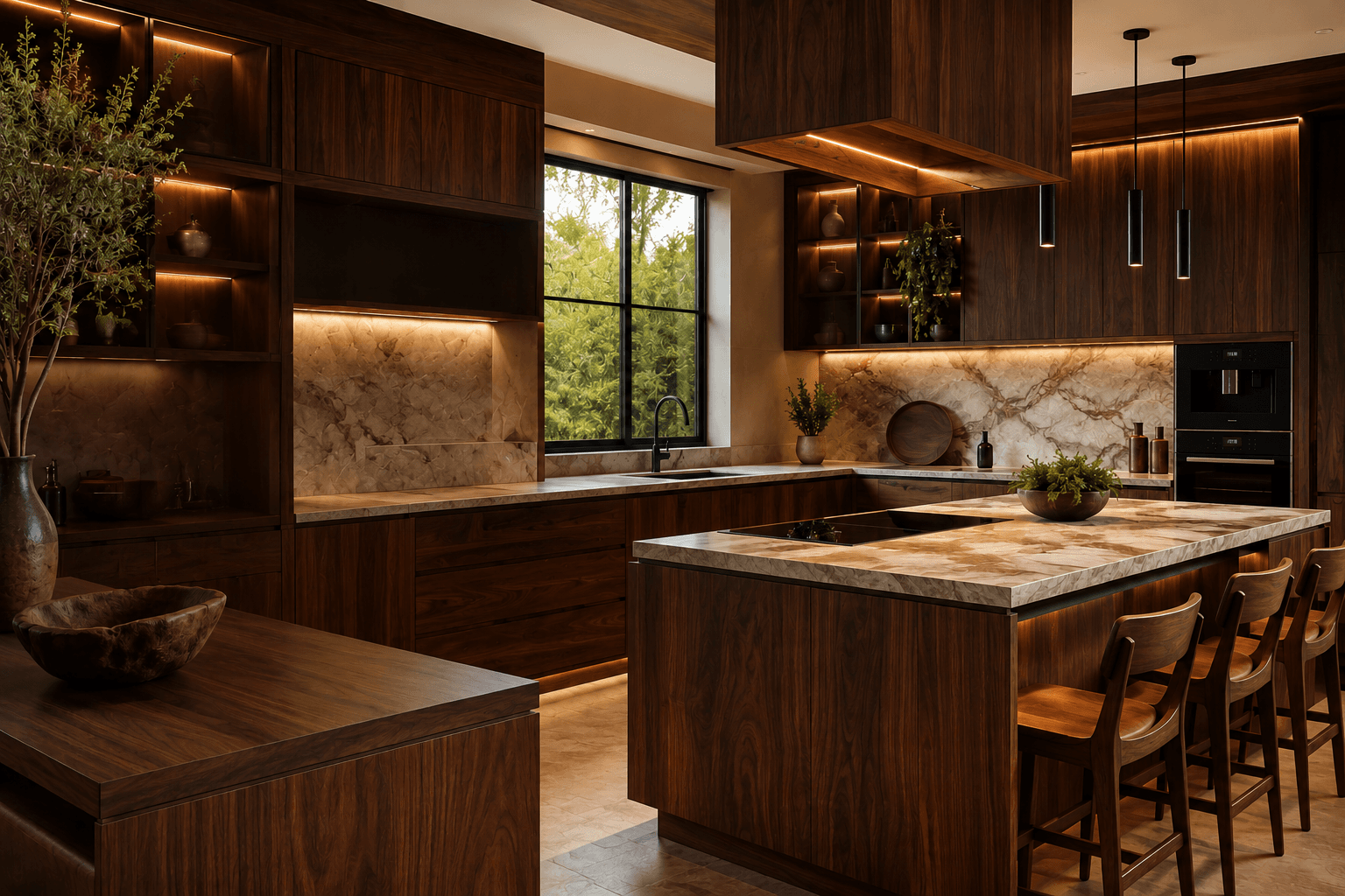Cozinha de luxo com marcenaria escura, iluminação dourada e ilha de mármore