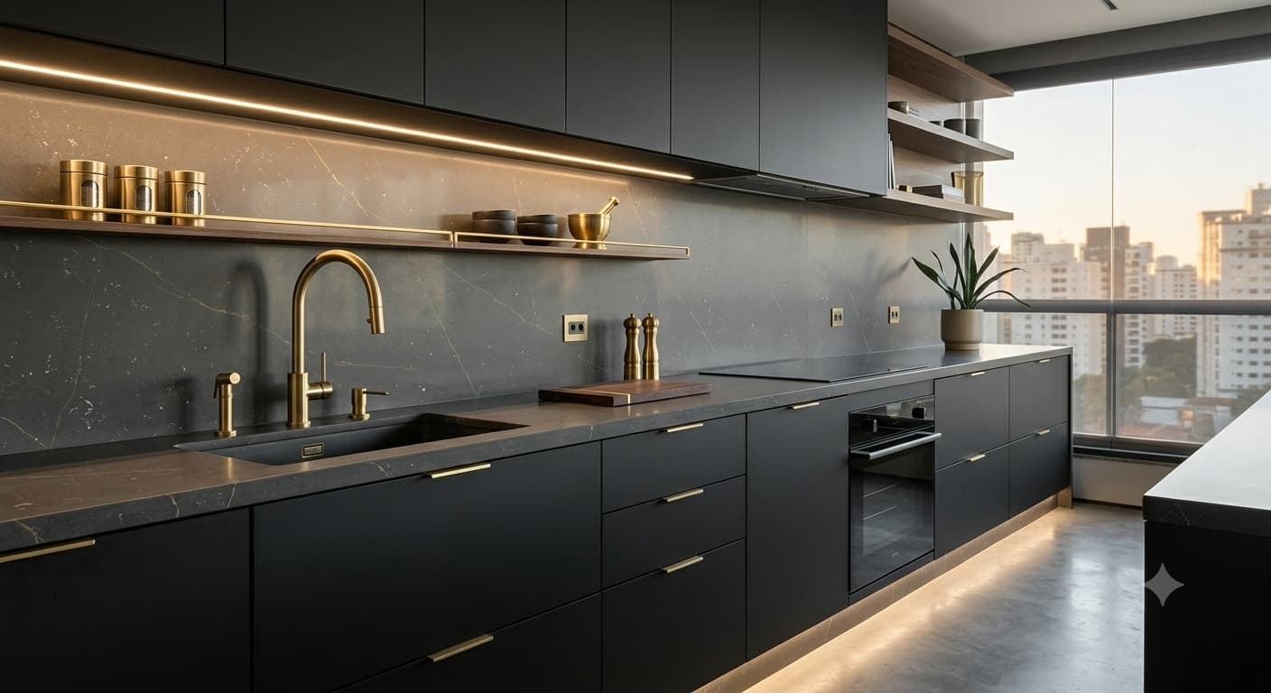 Cozinha Minimalista Black & Brass